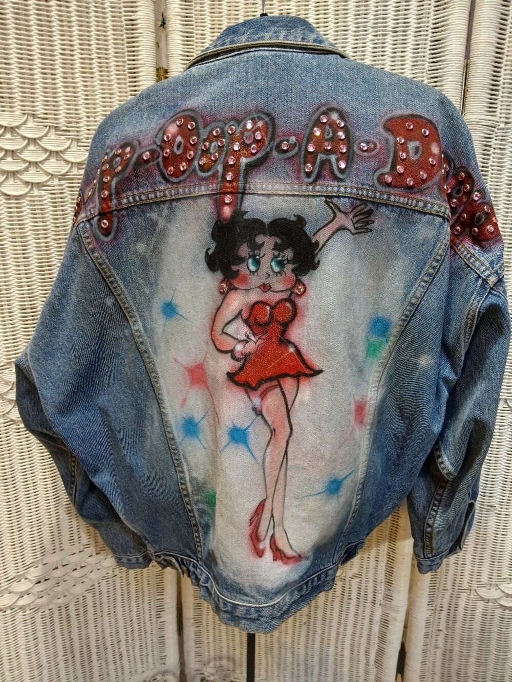 Betty Boop and Pudgy Denim Jacket with rhinestones, painted. XL, ONE OF A KIND